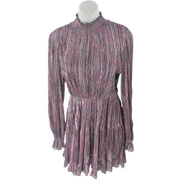 O.P.T Multicolor Metallic Striped Long Sleeve Mock Neck Mini Fit & Flare Dress L - Picture 1 of 5
